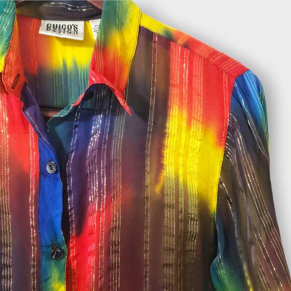 Chico's Design Silk Metallic Sheer Rainbow Stripe Button Up Blouse Sz 0=Sm Artsy - Picture 4 of 14
